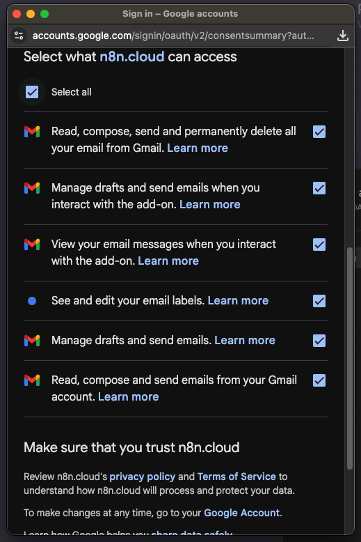 Gmail Permissions Consent