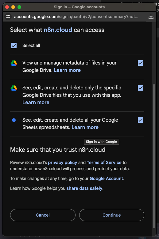 Sheets Permissions Consent