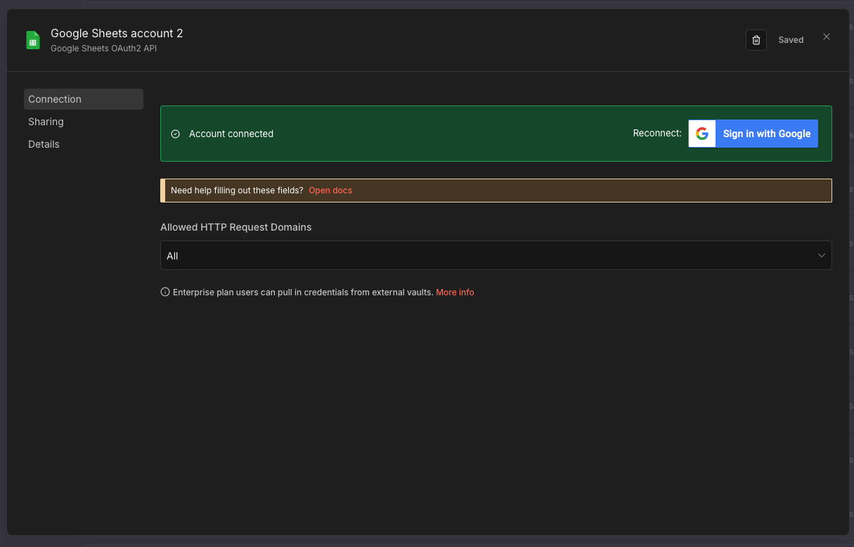Sheets Account Connected